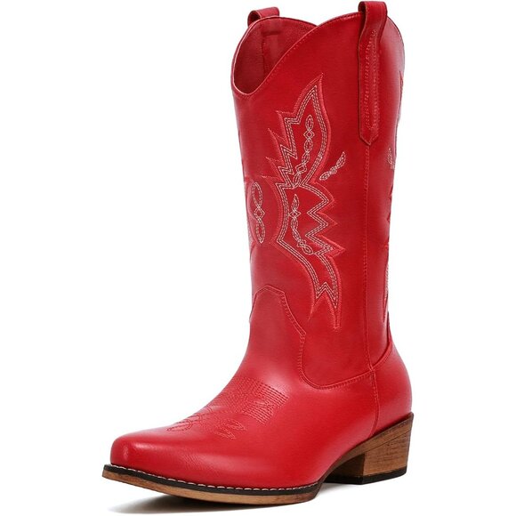 Women's Red Western Boots Cowgirl Boots Pull On Pointy Toe Mid Calf Boots - Picture 2 of 6
